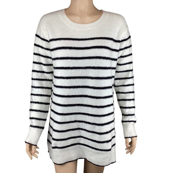 John + Jenn Womens Striped Long Sleeve Sweater Size XS XSmall Crew Neck White/Bl - Picture 2 of 10